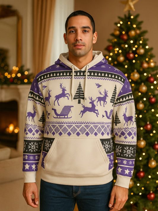 Purple Nordic Reindeer AOP Hoodie – Cozy Fair Isle Winter Holiday Pullover