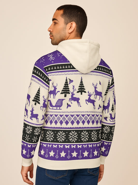 Purple Nordic Reindeer AOP Hoodie – Cozy Fair Isle Winter Holiday Pullover