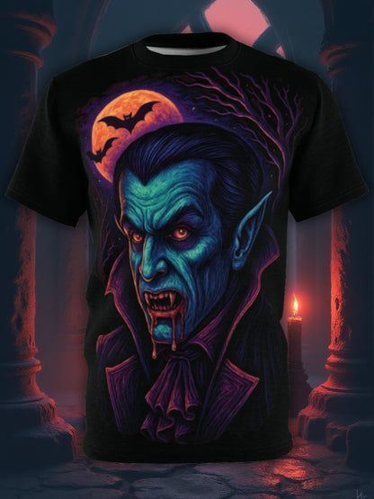 Vampyr AOP Halloween T-shirt – Neon Bloodthirsty Count Extra Large Print T-shirt (Heltryck)