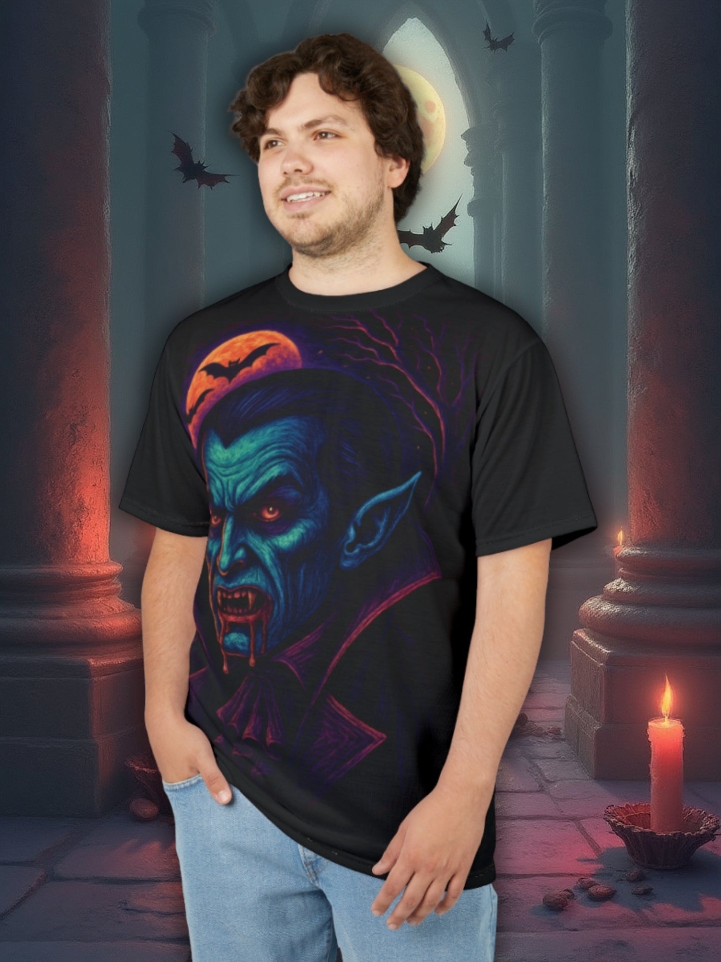 Vampyr AOP Halloween T-shirt – Neon Bloodthirsty Count Extra Large Print T-shirt (Heltryck)