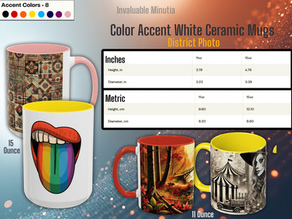 Reference chart showing size and dimension comparison for premium white ceramic accent coffee mugs by District Photo. Displays 11oz and 15oz sizes in both inches and metric units with eight accent color options — red, black, orange, yellow, light blue, navy blue, purple, and pink. Ideal for Invaluable Minutia mug listings as a technical and color reference. InvaluableMinutia.com