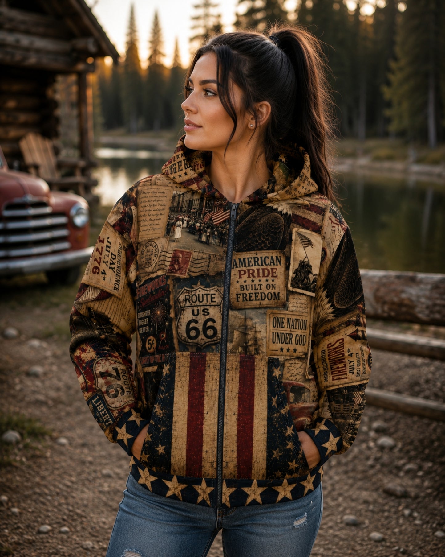 Americana Vintage Patriotic Collage Zip Up Hoodie