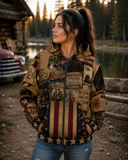 Americana Vintage Patriotic Collage Zip Up Hoodie
