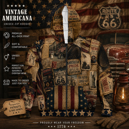 Americana Vintage Patriotic Collage Zip Up Hoodie