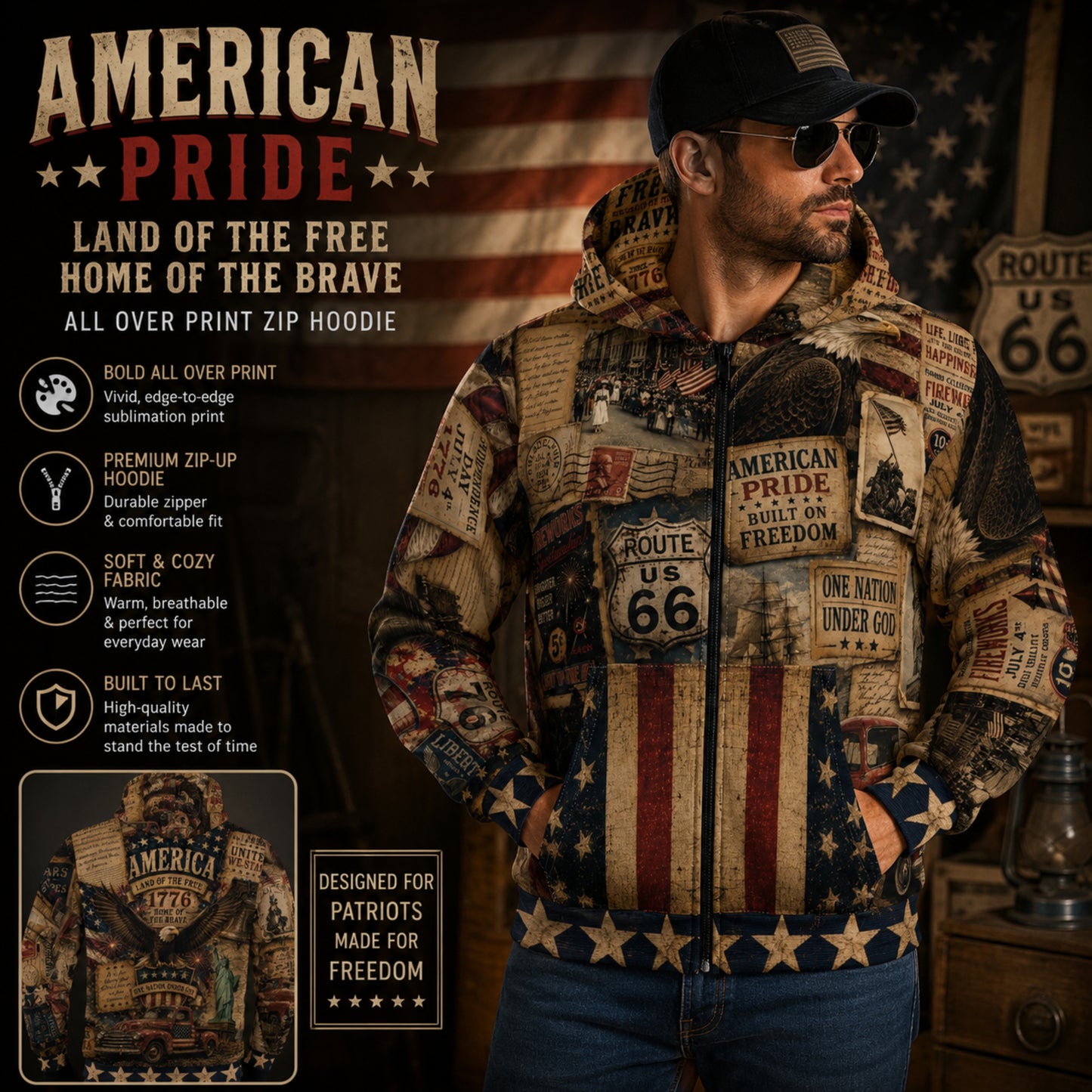 Americana Vintage Patriotic Collage Zip Up Hoodie