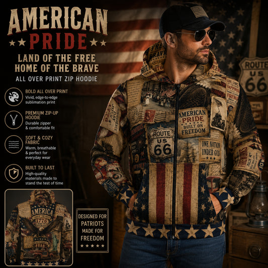 Americana Vintage Patriotic Collage Zip Up Hoodie