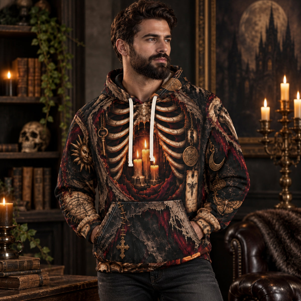 Anatomy of the Haunted Gothic Skeleton Hoodie - Candlelit Occult AOP Pullover