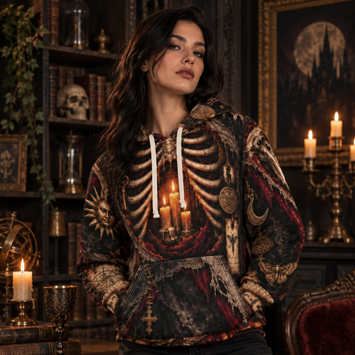 Anatomy of the Haunted Gothic Skeleton Hoodie - Candlelit Occult AOP Pullover