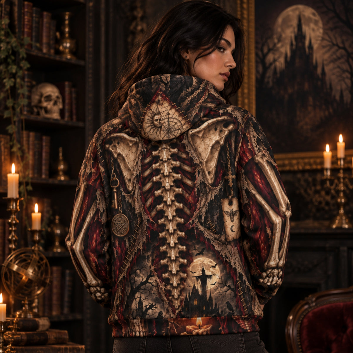 Anatomy of the Haunted Gothic Skeleton Hoodie - Candlelit Occult AOP Pullover