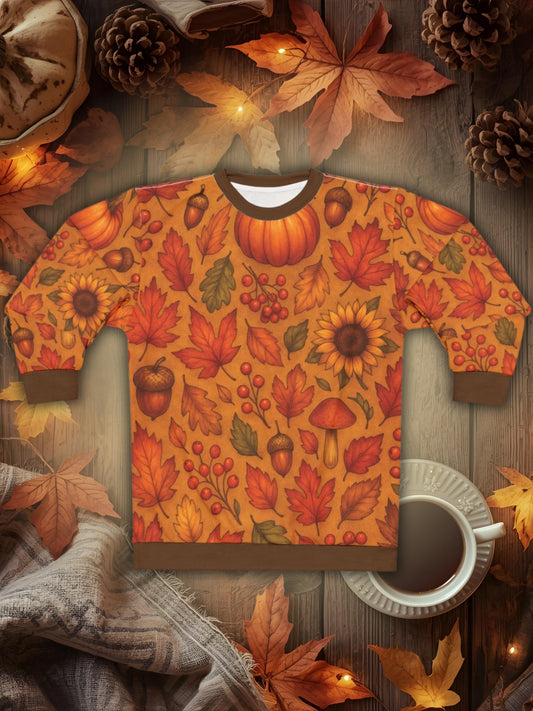 Autumn Harvest AOP Unisex Sweatshirt | Cozy Fall Leaves, Pumpkins & Sunflowers | All-Over Print | Free Worldwide Shipping