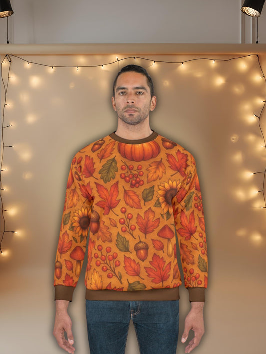 Autumn Harvest AOP Unisex Sweatshirt | Cozy Fall Leaves, Pumpkins & Sunflowers | All-Over Print | Free Worldwide Shipping
