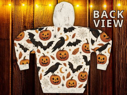 Vintage Halloween AOP Pullover Hoodie – Ravens, Pumpkins & Bats | Boutique Spooky Season Fashion