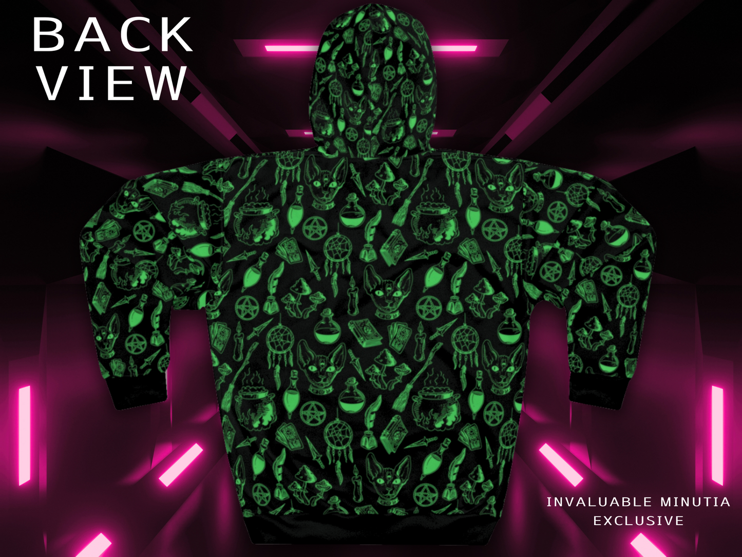 Occult Cat with Third Eye Familiar Unisex Hoodie – Green on Black AOP Pullover