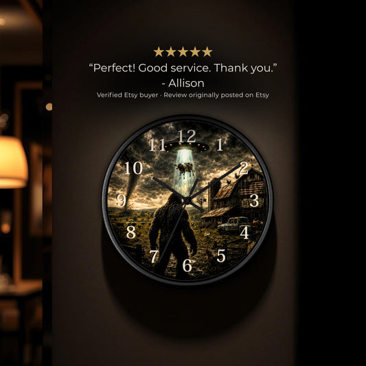 Bigfoot UFO Wall Clock – Sasquatch Alien Abduction Farm Art Clock