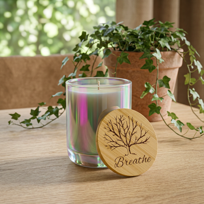 Breathe - Engraved Bamboo Lid Scented Soy Candle Frosted Glass Jar (14 oz)