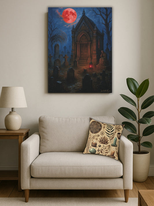 "Blood Moon Mausoleum" – Gothic Graveyard Fine Art Matte Canvas Print (Vertical)