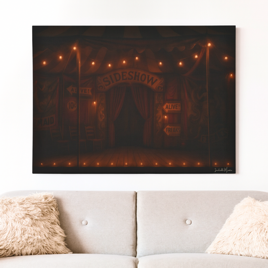 Vintage Carnival Sideshow Stage Canvas Wall Art – Dark Circus Tent Lights & Retro Oddities – Gothic Home Décor - Americana