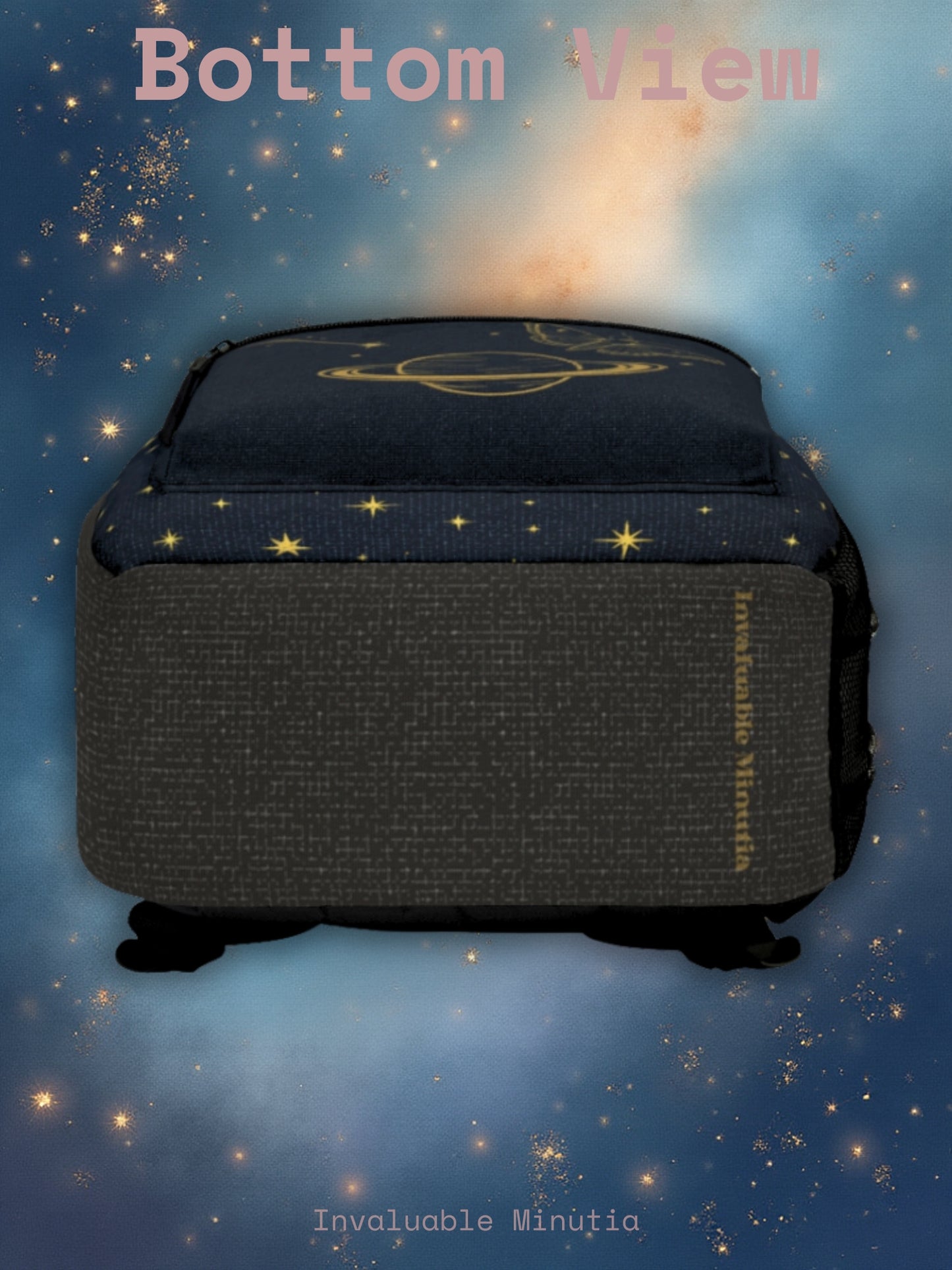 Guldfärgad ryggsäck med himmelska konstellationer – Premium väska för stjärnklar nattastronomi med måne- och Saturnusdesign