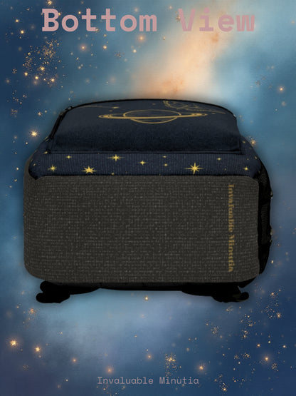 Guldfärgad ryggsäck med himmelska konstellationer – Premium väska för stjärnklar nattastronomi med måne- och Saturnusdesign