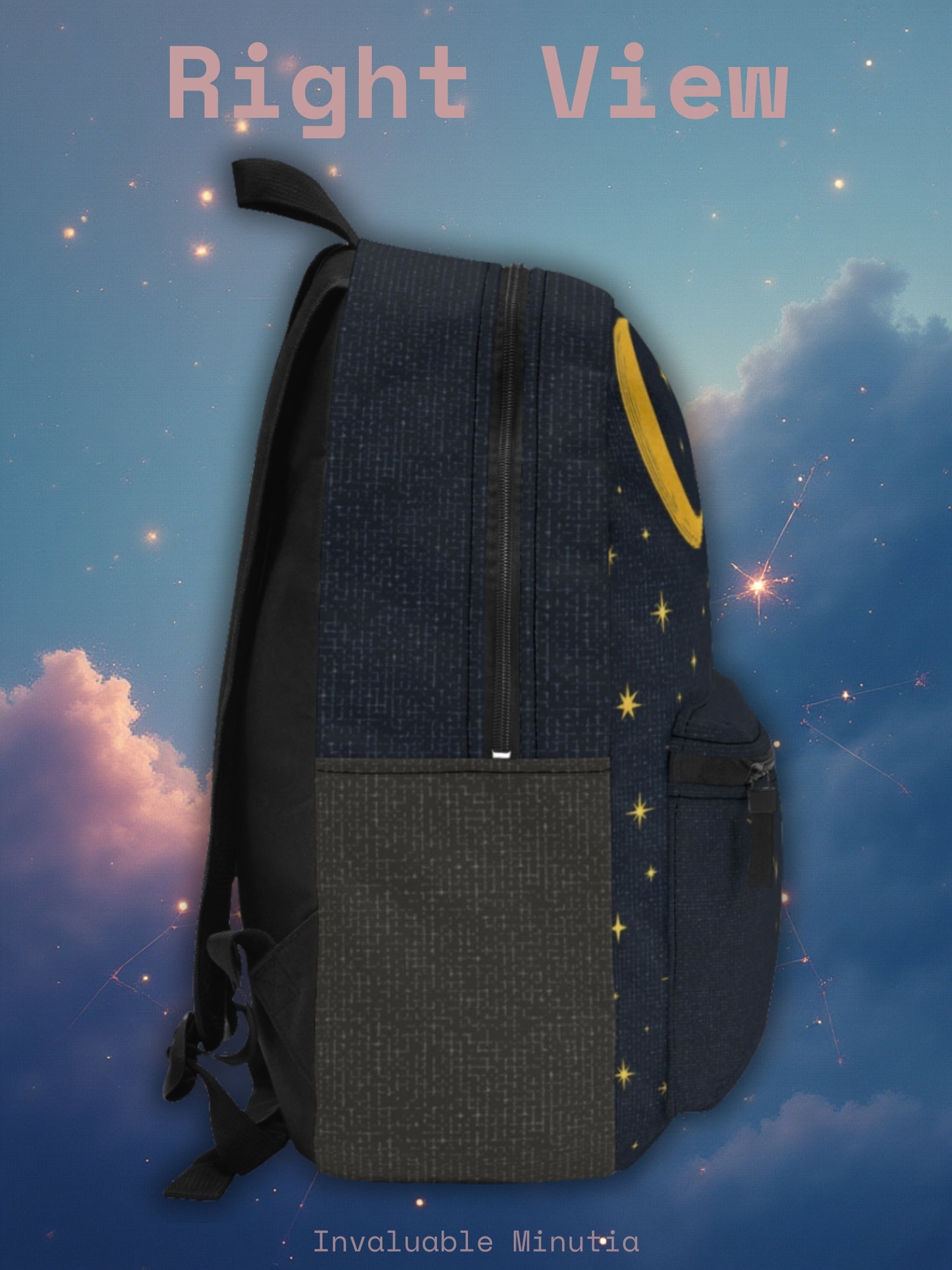 Guldfärgad ryggsäck med himmelska konstellationer – Premium väska för stjärnklar nattastronomi med måne- och Saturnusdesign