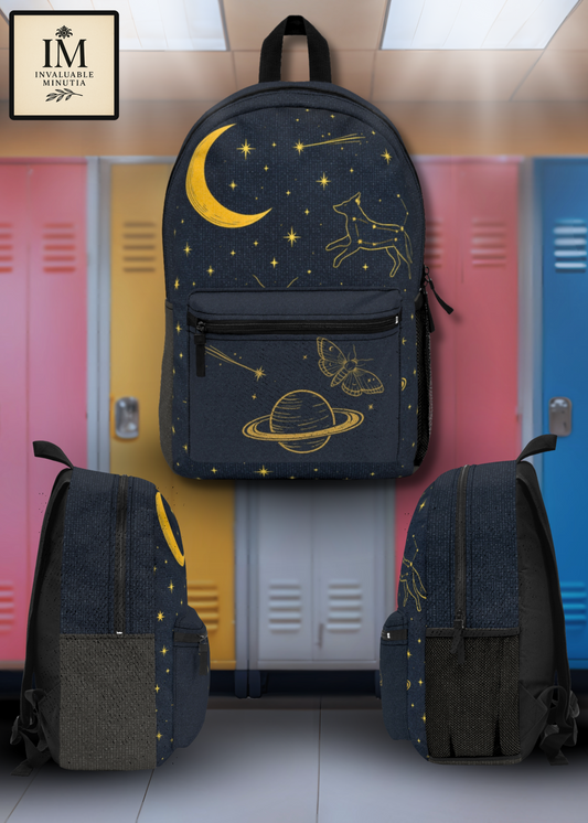 Gold Celestial Constellations Backpack – Premium Starry Night Astronomy Bag with Moon & Saturn Design