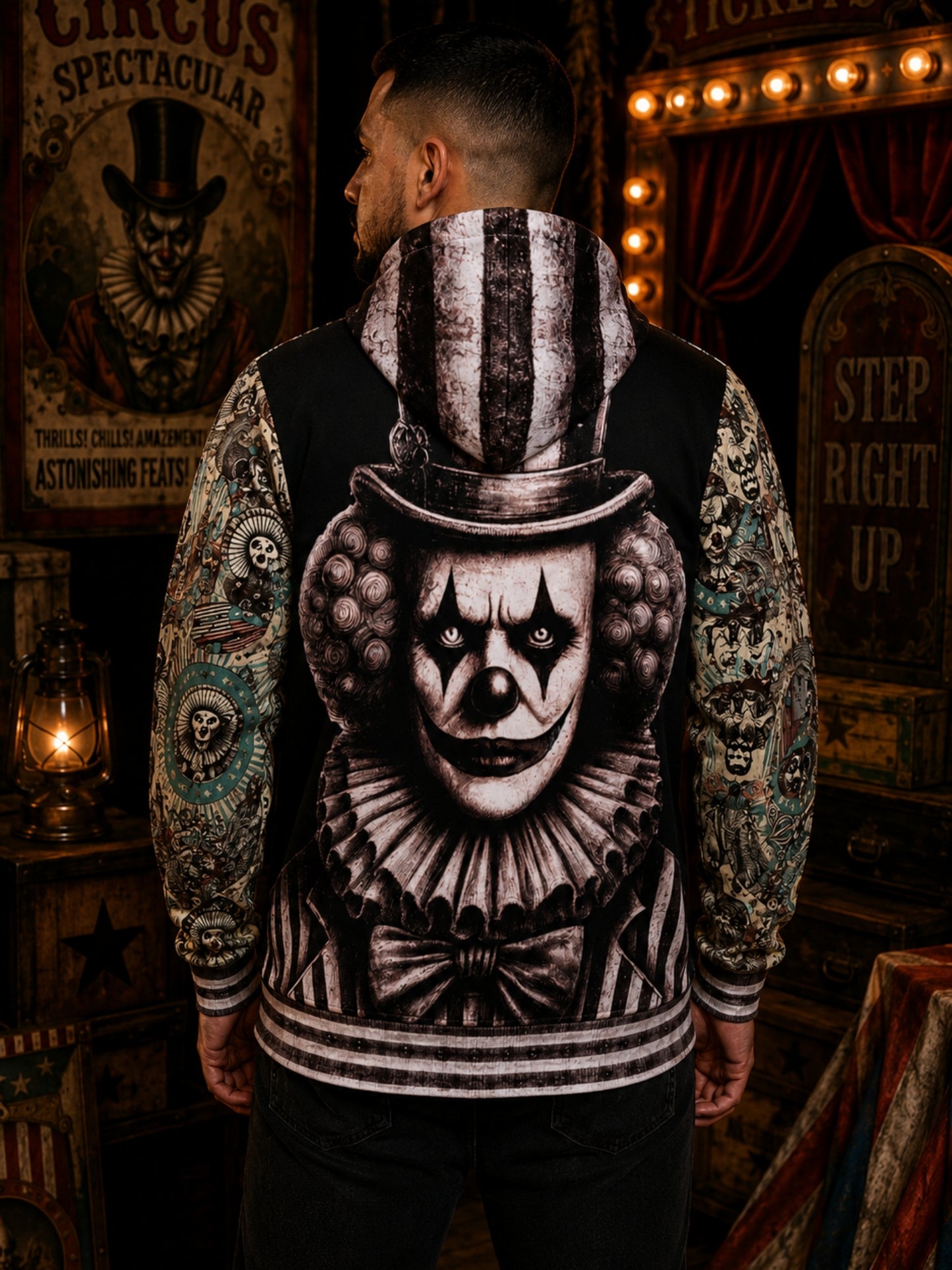 Unisex Heltryckt Huvtröja med Dragkedja - Gotisk Vintage Estetisk Cirkus + CreepyClown Design