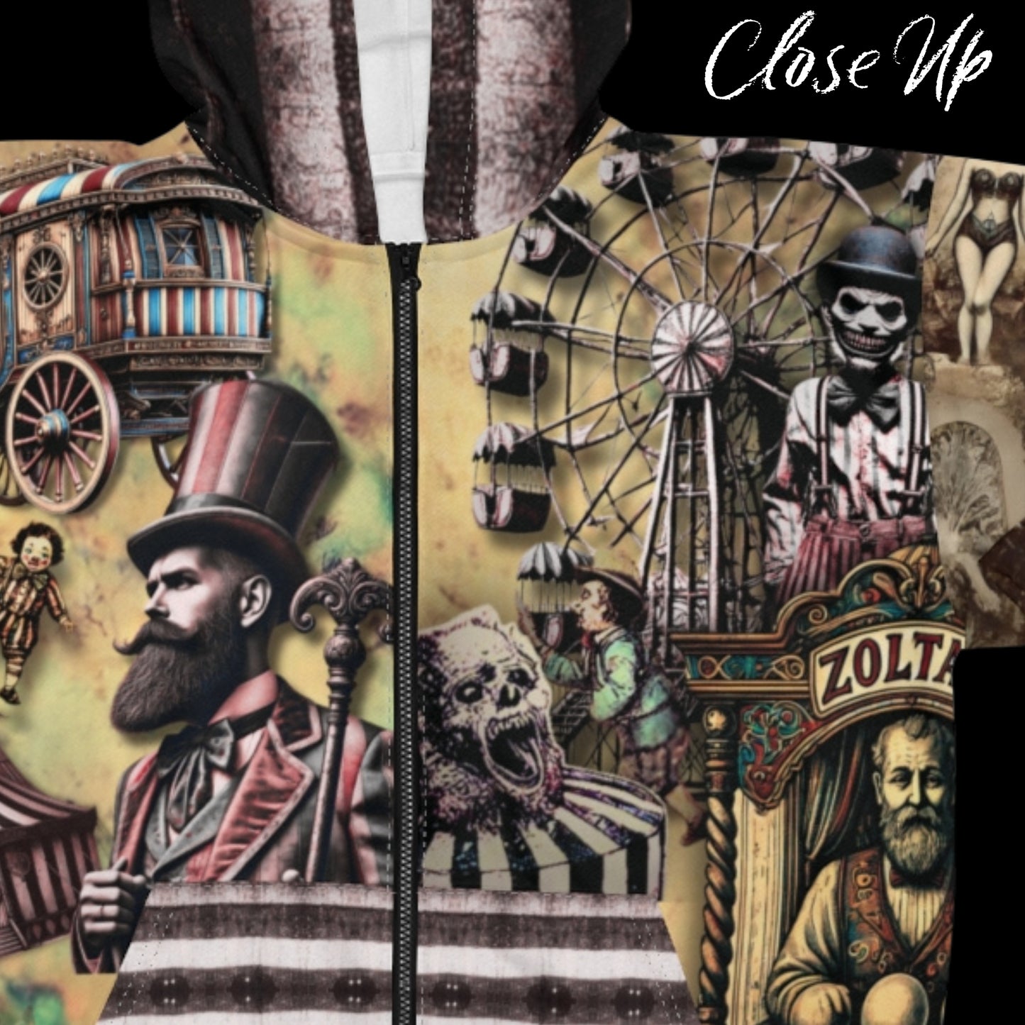 Unisex Heltryckt Huvtröja med Dragkedja - Gotisk Vintage Estetisk Cirkus + CreepyClown Design