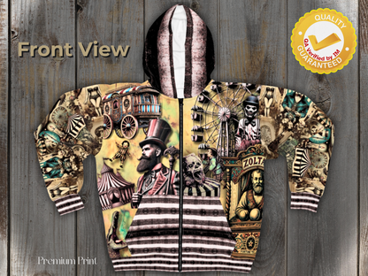 Unisex All-Over Print Zip-Up Hoodie - Gothic Vintage Circus Sideshow with Creepy Clown Back Design