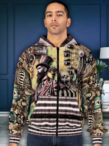 Vintage Circus Sideshow zip up hoodie worn by model – dark carnival freakshow graphic streetwear hoodie by Invaluable Minutia