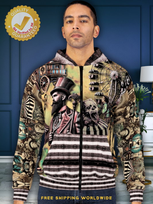 Unisex All-Over Print Zip-Up Hoodie - Gothic Vintage Circus Sideshow with Creepy Clown Back Design