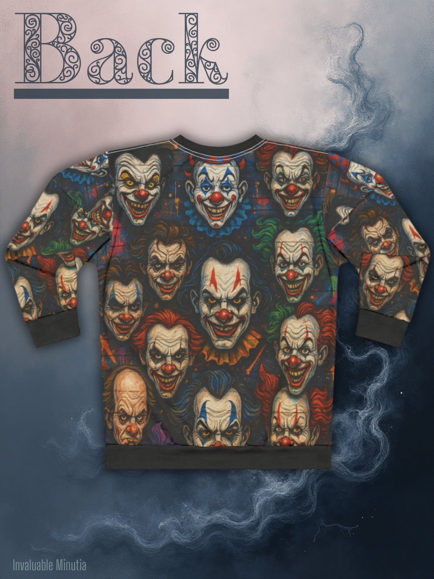 Unisex crewneck sweatshirt with all-over creepy clown face pattern, styled as boutique horror fashion for spooky season. Displayed flat against a white brick wall background. Invaluable Minutia exclusive. Back