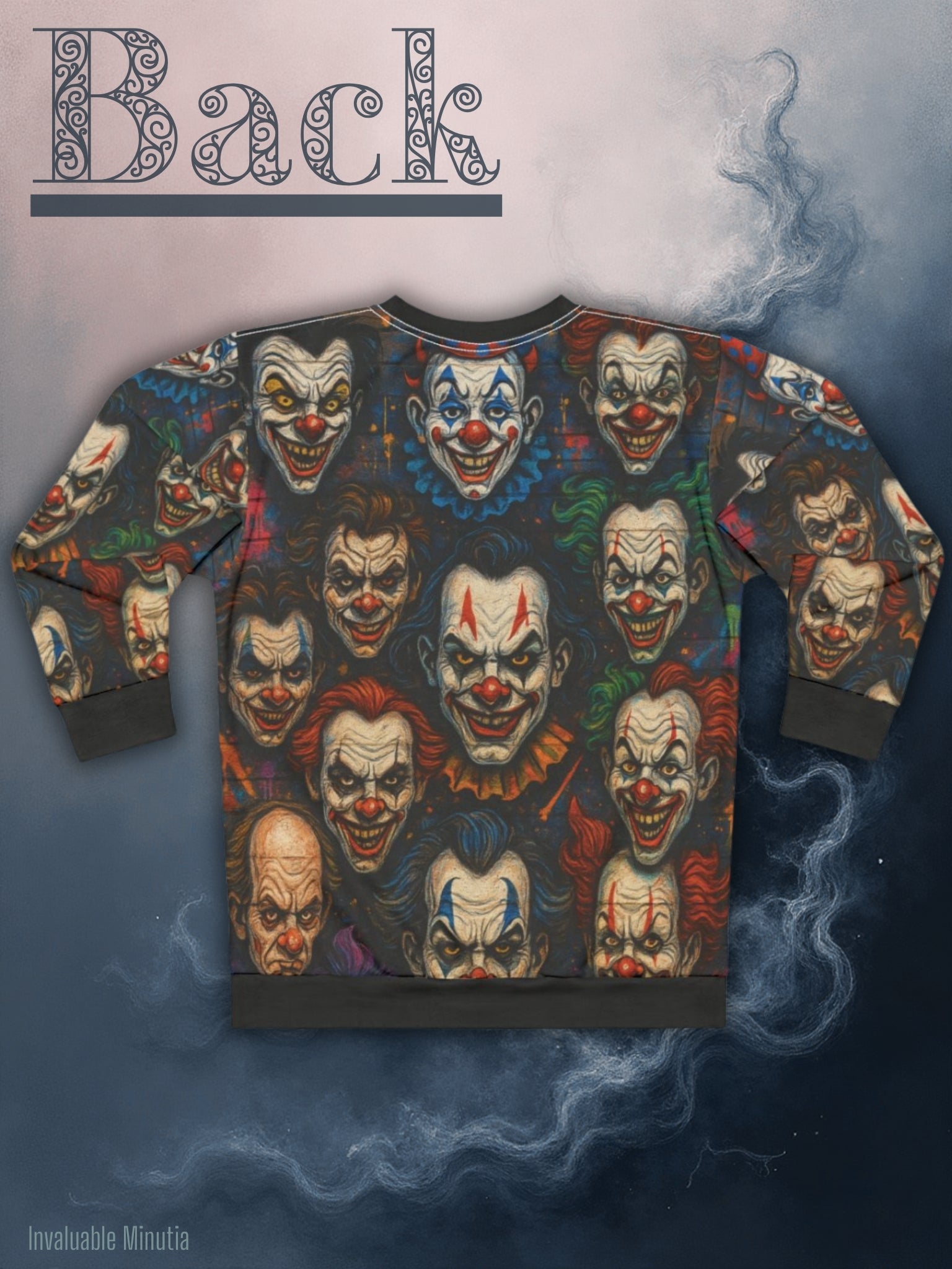 Unisex crewneck sweatshirt with all-over creepy clown face pattern, styled as boutique horror fashion for spooky season. Displayed flat against a white brick wall background. Invaluable Minutia exclusive. Back