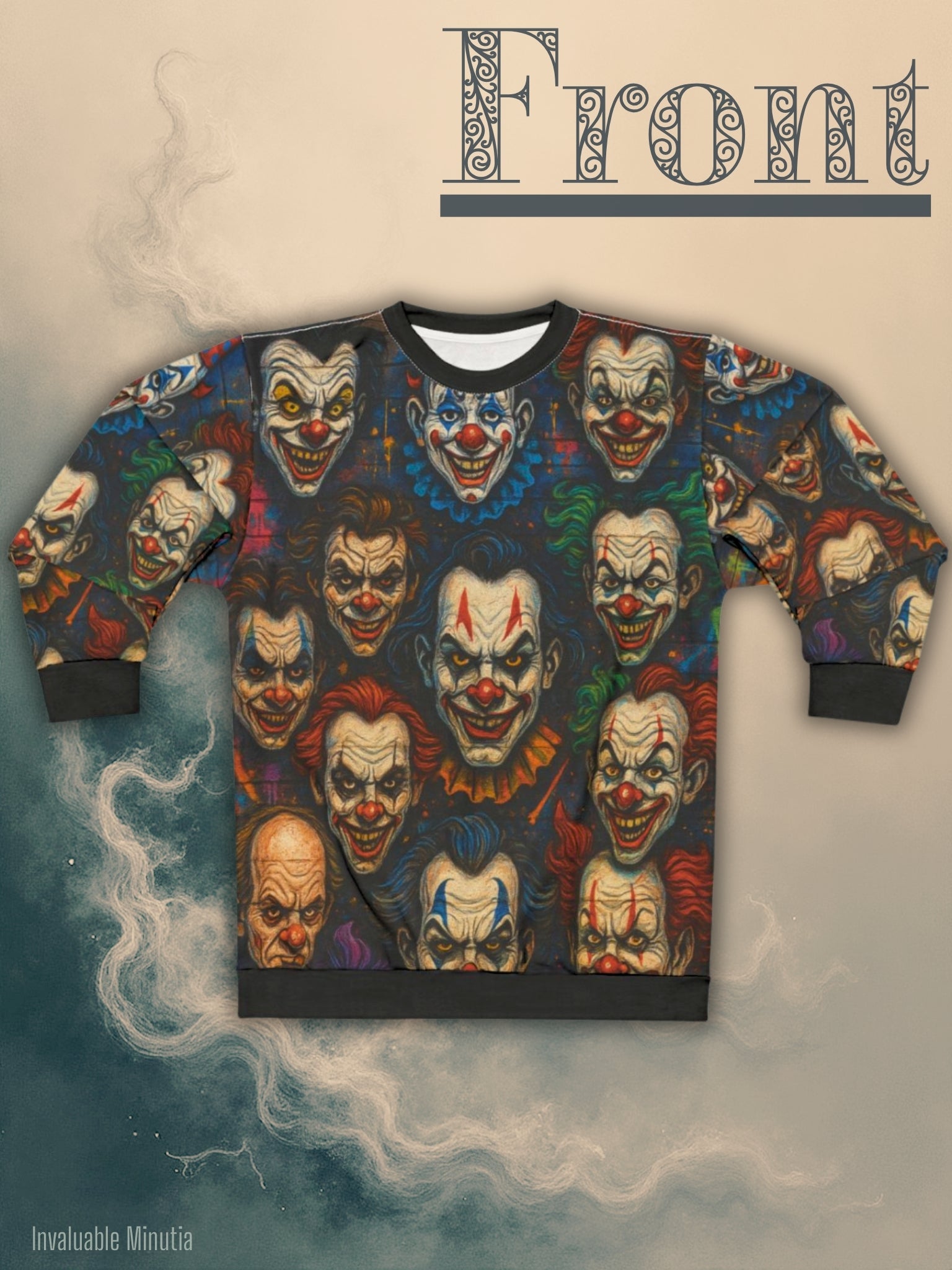 Unisex crewneck sweatshirt with all-over creepy clown face pattern, styled as boutique horror fashion for spooky season. Displayed flat against a white brick wall background. Invaluable Minutia exclusive. Front