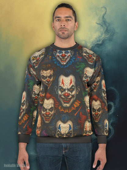 Carnival of Nightmares AOP Unisex Sweatshirt – Creepy Clown Faces | Spooky Season Horror Crewneck | Free Worldwide Shipping