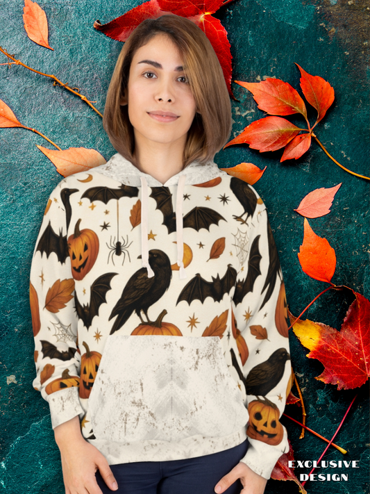 Vintage Halloween AOP Pullover Hoodie – Ravens, Pumpkins & Bats | Boutique Spooky Season Fashion