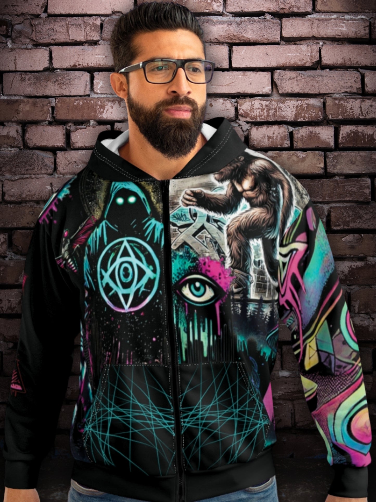 Cryptid conspiracy graffiti zip hoodie lifestyle model photo – colorful cryptid streetwear hoodie