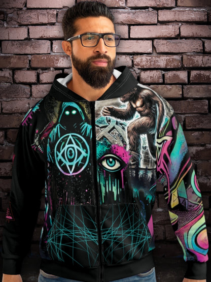 Cryptid conspiracy graffiti zip hoodie lifestyle model photo – colorful cryptid streetwear hoodie