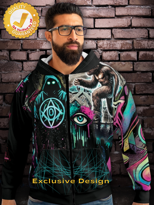 Cryptid Conspiracy Graffiti Art - Premium Unisex Zip Up All Over Print Hoodie Black