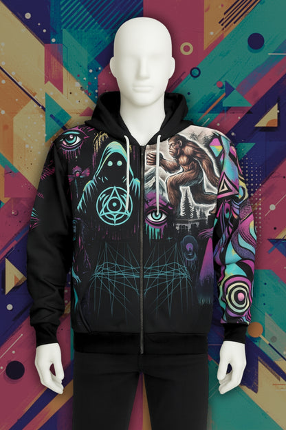 Cryptid Conspiracy Graffiti Zip Hoodie – colorful street art cryptid graphic all over print hoodie by Invaluable Minutia