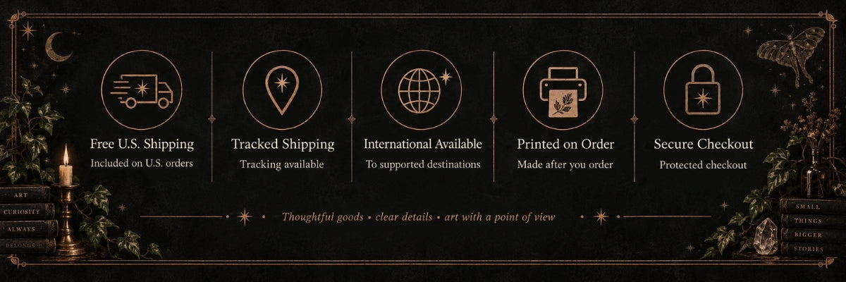 free us shipping, tracked shipping, international shipping available, printed on order, secure checkout