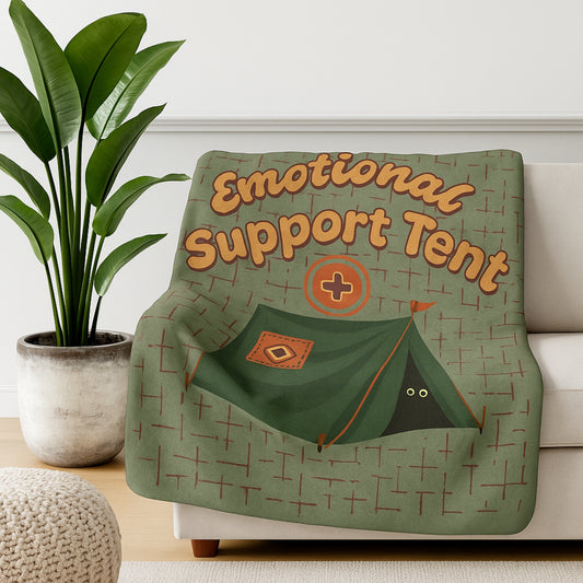 Flat lay sherpa fleece throw blanket with “Emotional Support Tent” graphic on sage green background – boutique product image