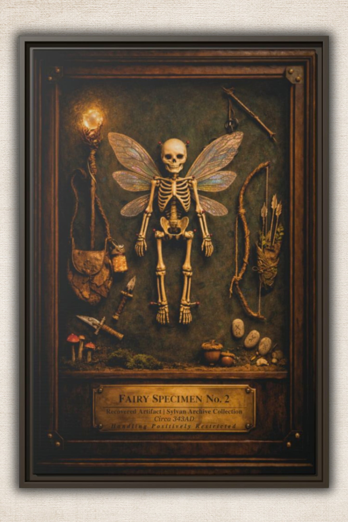 Fairy Specimen No. 2 Framed Canvas Print – Skeletal Fairy Wall Art, Dark Curiosity Cabinet Decor