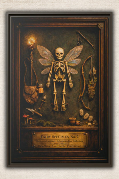 Fairy Specimen No. 2 Framed Canvas Print – Skeletal Fairy Wall Art, Dark Curiosity Cabinet Decor