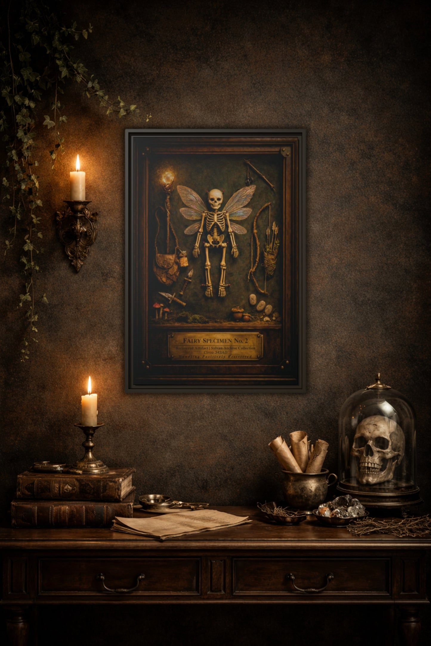 Fairy Specimen No. 2 Framed Canvas Print – Skeletal Fairy Wall Art, Dark Curiosity Cabinet Decor