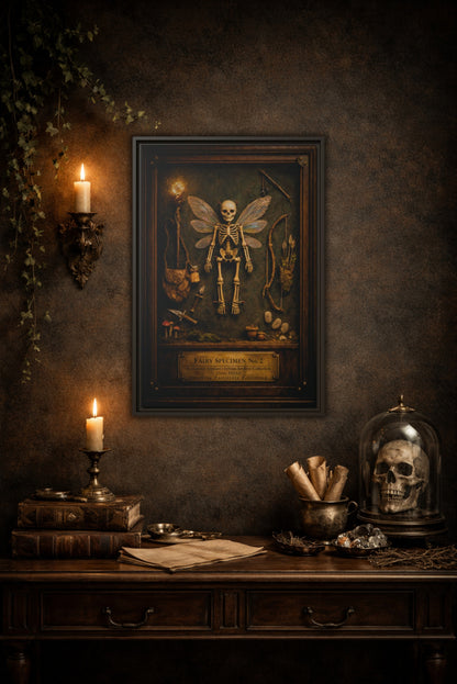 Fairy Specimen No. 2 Framed Canvas Print – Skeletal Fairy Wall Art, Dark Curiosity Cabinet Decor