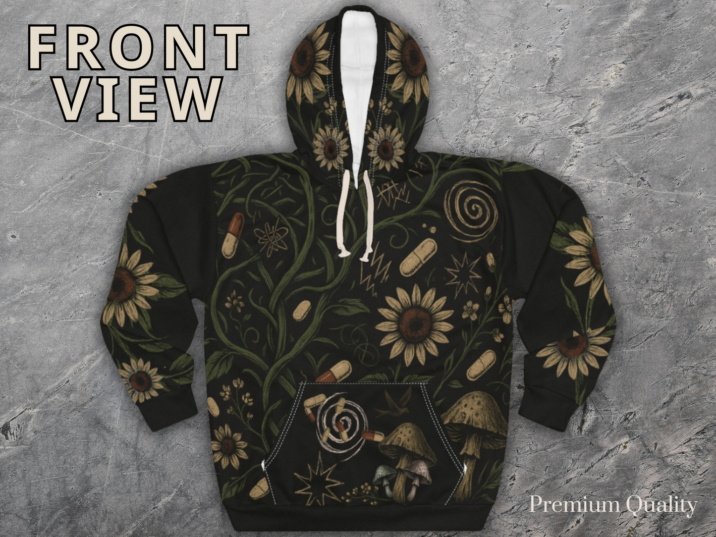 Dark, Hippie Floral AOP Unisex Pullover Hoodie – ADHD Aesthetic, Moody Boho Streetwear, Mental Health Awareness