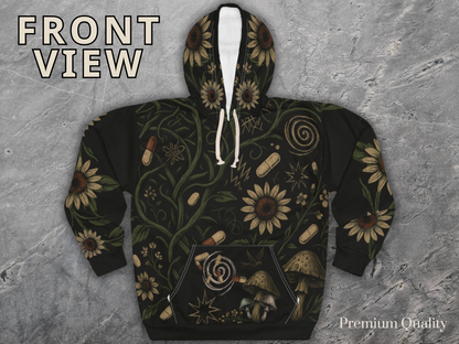 Dark, Hippie Floral AOP Unisex Pullover Hoodie – ADHD Aesthetic, Moody Boho Streetwear, Mental Health Awareness