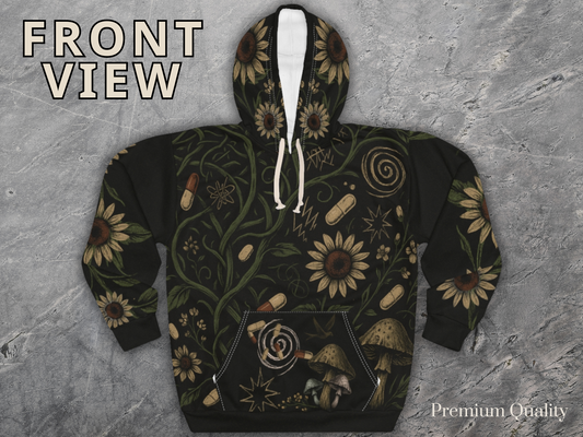 Dark, Hippie Floral AOP Unisex Pullover Hoodie – ADHD Aesthetic, Moody Boho Streetwear, Mental Health Awareness