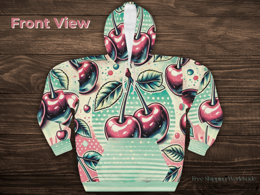 Vintage Cherry Pop All Over Print Unisex Pullover Hoodie - Retro Style for Cozy Days