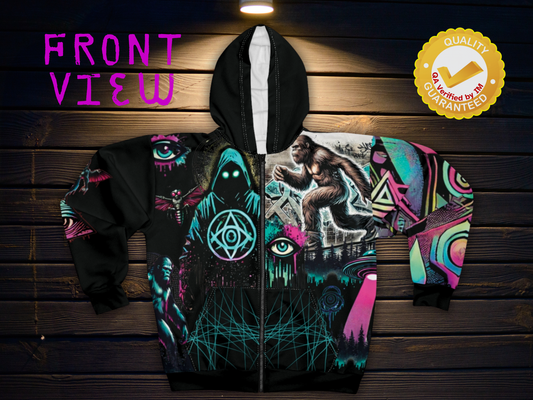 Cryptid Conspiracy Graffiti Art - Premium Unisex Zip Up All Over Print Hoodie Black